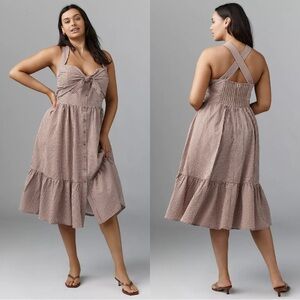 Maeve Anthropologie Halter Bow-Front Midi Dress Brown Gingham Plaid 1X NEW